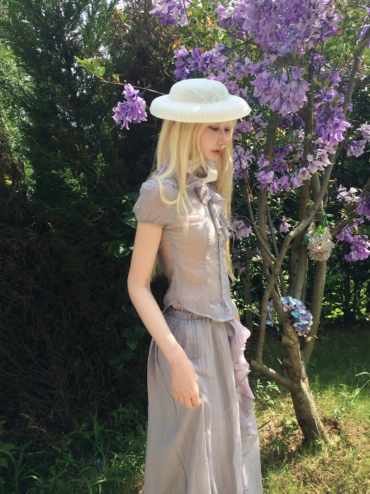 FinderMond FM Gray Purple Ruffle Lace Trim Women&