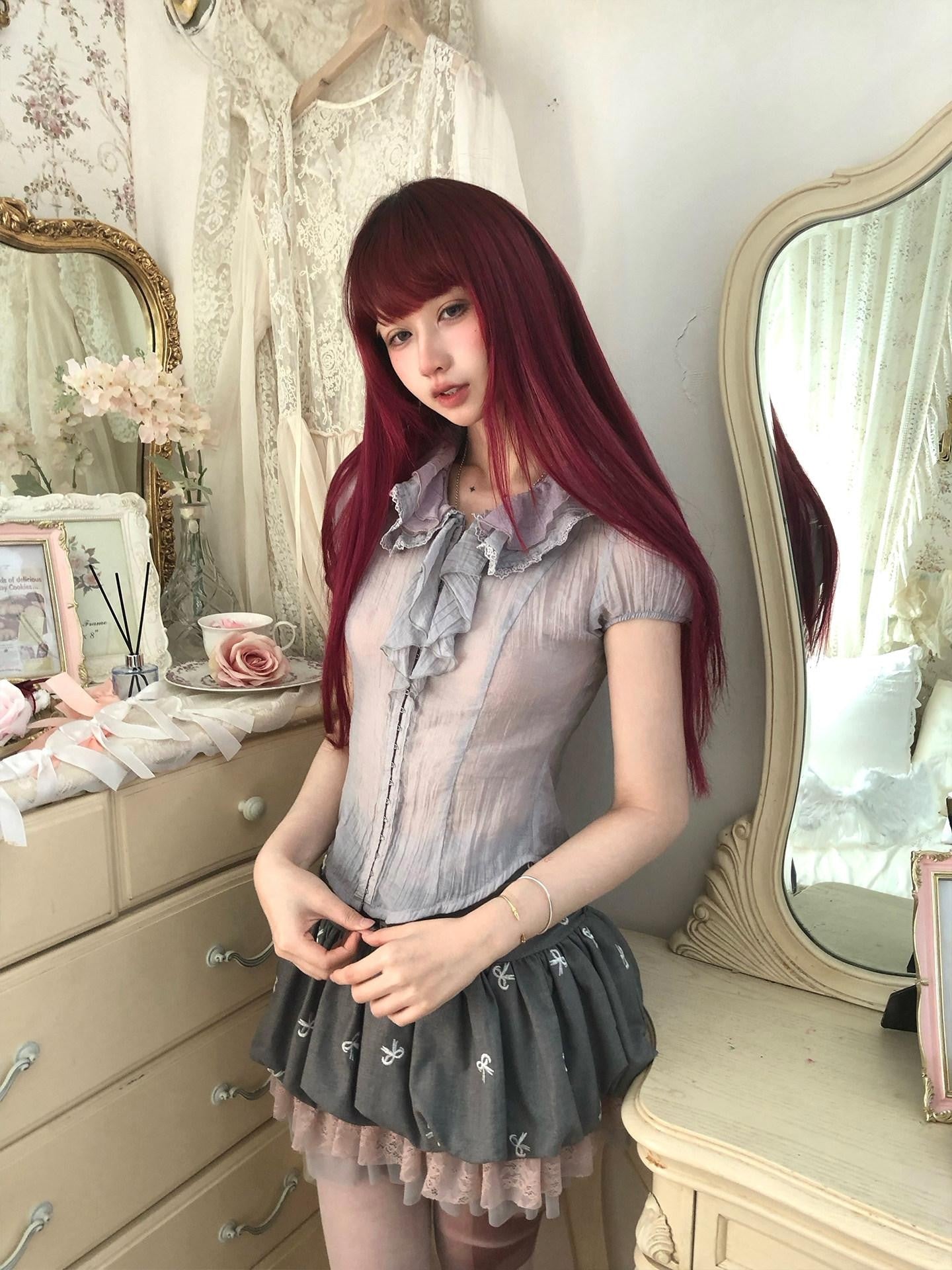 FinderMond FM Gray Purple Ruffle Lace Trim Women&