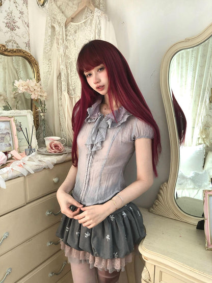FinderMond FM Gray Purple Ruffle Lace Trim Women&