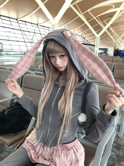 FinderMond FM Grey Pink Patchwork Plaid Rabbit Print Women&