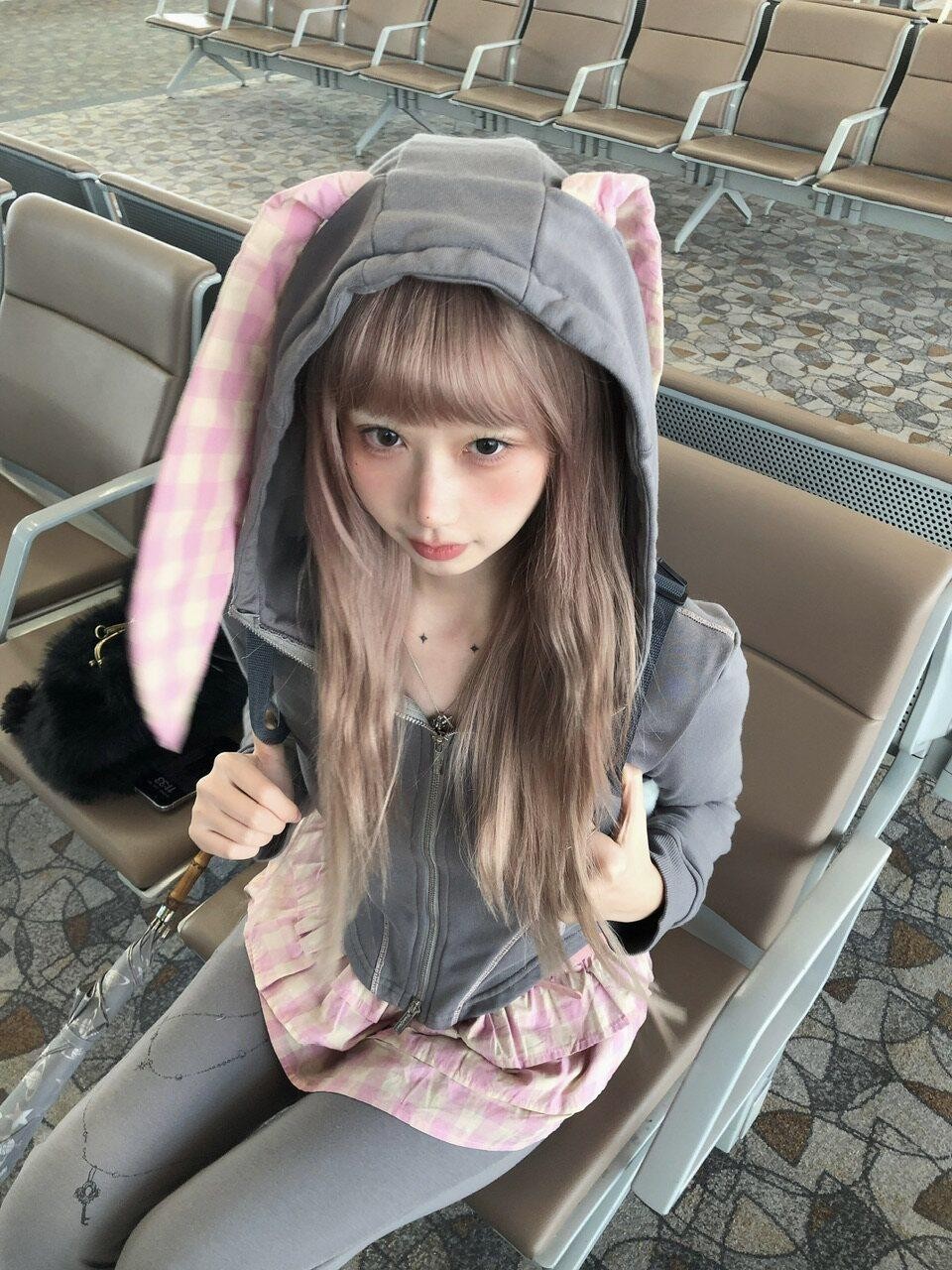 FinderMond FM Grey Pink Patchwork Plaid Rabbit Print Women&