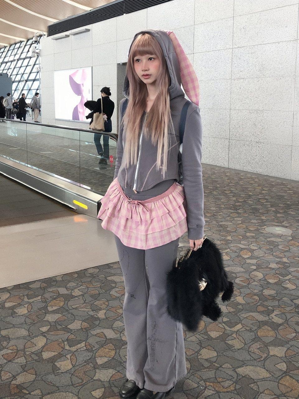 FinderMond FM Grey Pink Patchwork Plaid Rabbit Print Women&