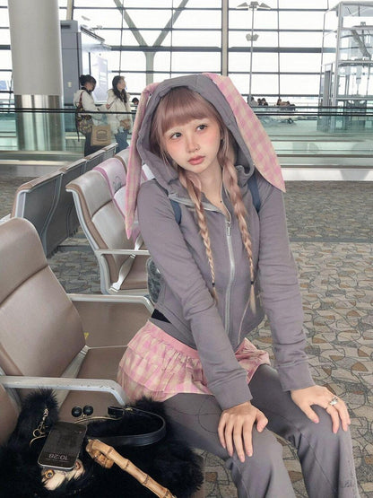 FinderMond FM Grey Pink Patchwork Plaid Rabbit Print Women&
