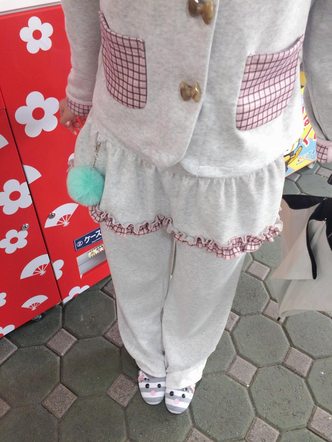 FinderMond FM Grey Pink Plaid Bunny Ear Trim Hooded Cardigan Women&