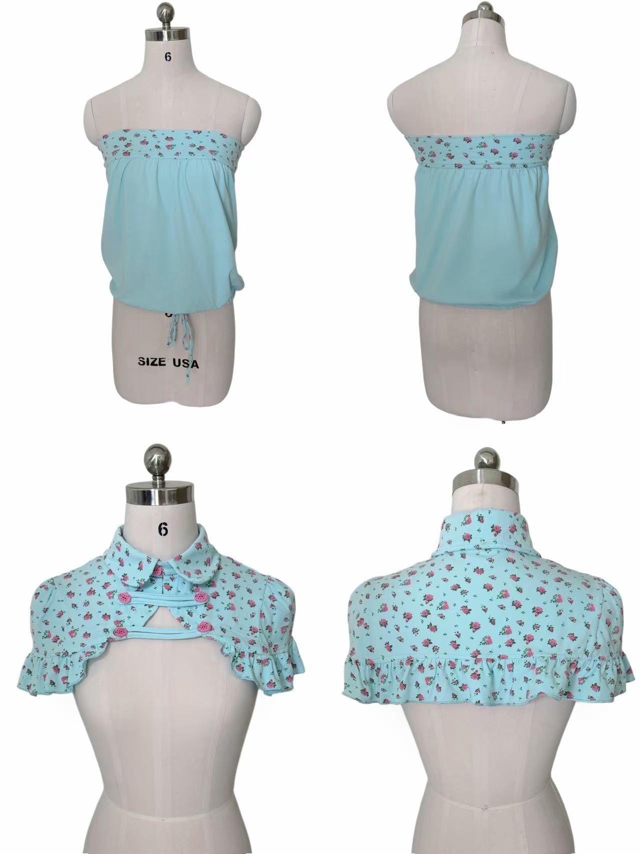 FinderMond FM Mint Blue Japanese Girly Cape Top Mid Shorts Women&