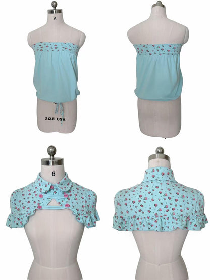 FinderMond FM Mint Blue Japanese Girly Cape Top Mid Shorts Women&