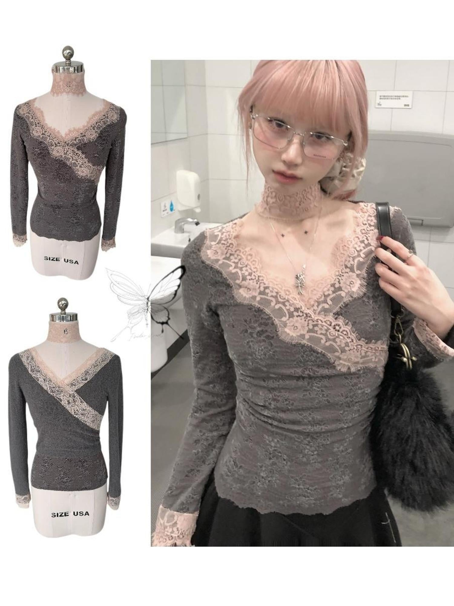 FinderMond FM Misty Gray Pink Lace Slim Fit Neck Strap Women&