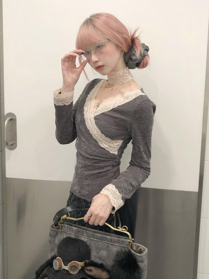 FinderMond FM Misty Gray Pink Lace Slim Fit Neck Strap Women&