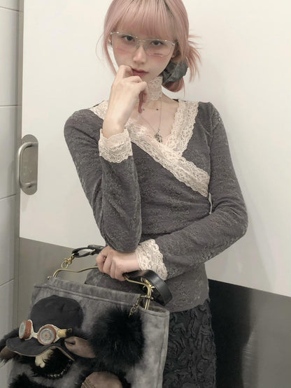 FinderMond FM Misty Gray Pink Lace Slim Fit Neck Strap Women&