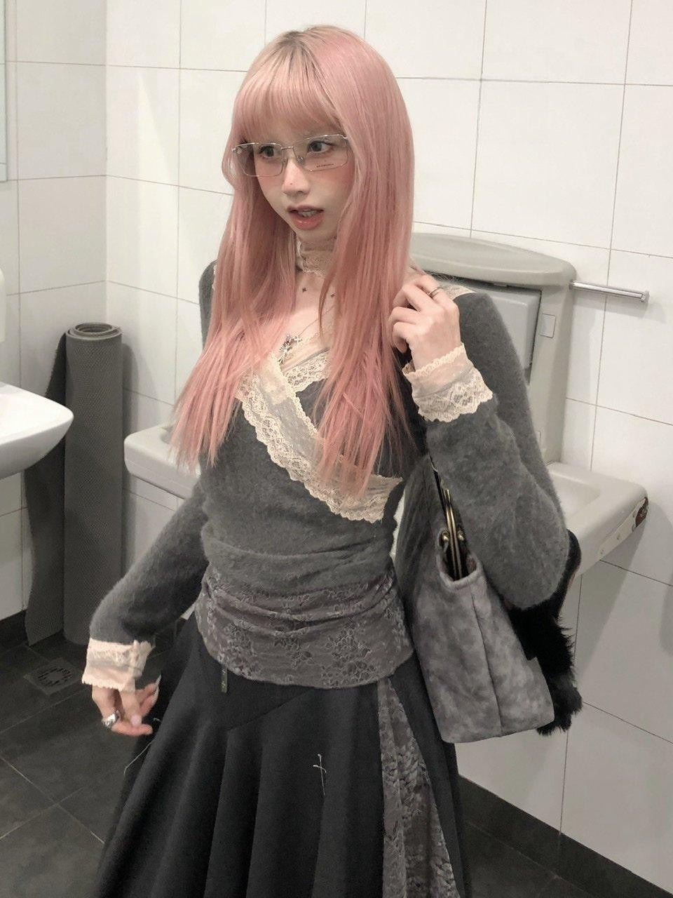 FinderMond FM Misty Gray Pink Lace Slim Fit Neck Strap Women&
