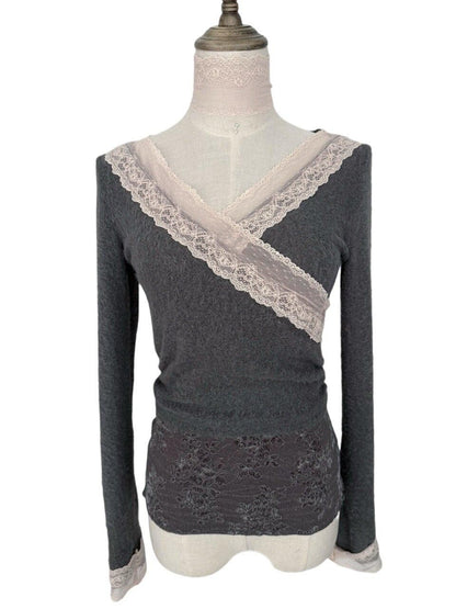 FinderMond FM Misty Gray Pink Lace Slim Fit Neck Strap Women&