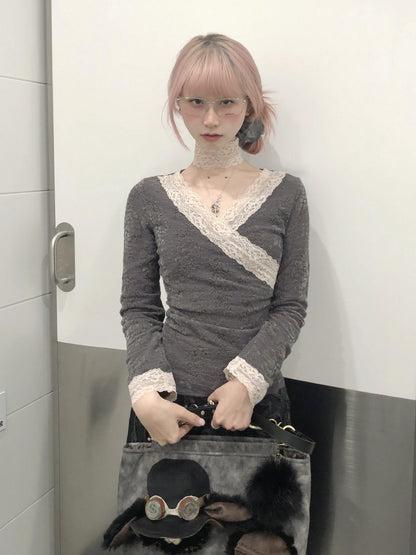 FinderMond FM Misty Gray Pink Lace Slim Fit Neck Strap Women&