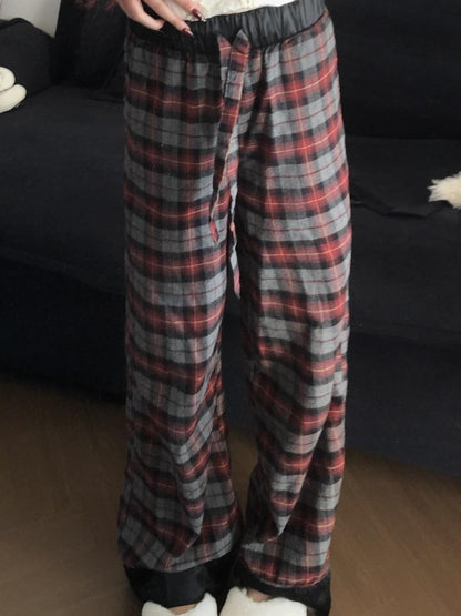 FinderMond FM Plaid Spliced Washed Straight Leg Casual Cotton Women&