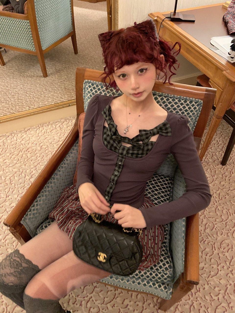 FinderMond FM Sweet Girlish Bowknot Plaid Design Women&