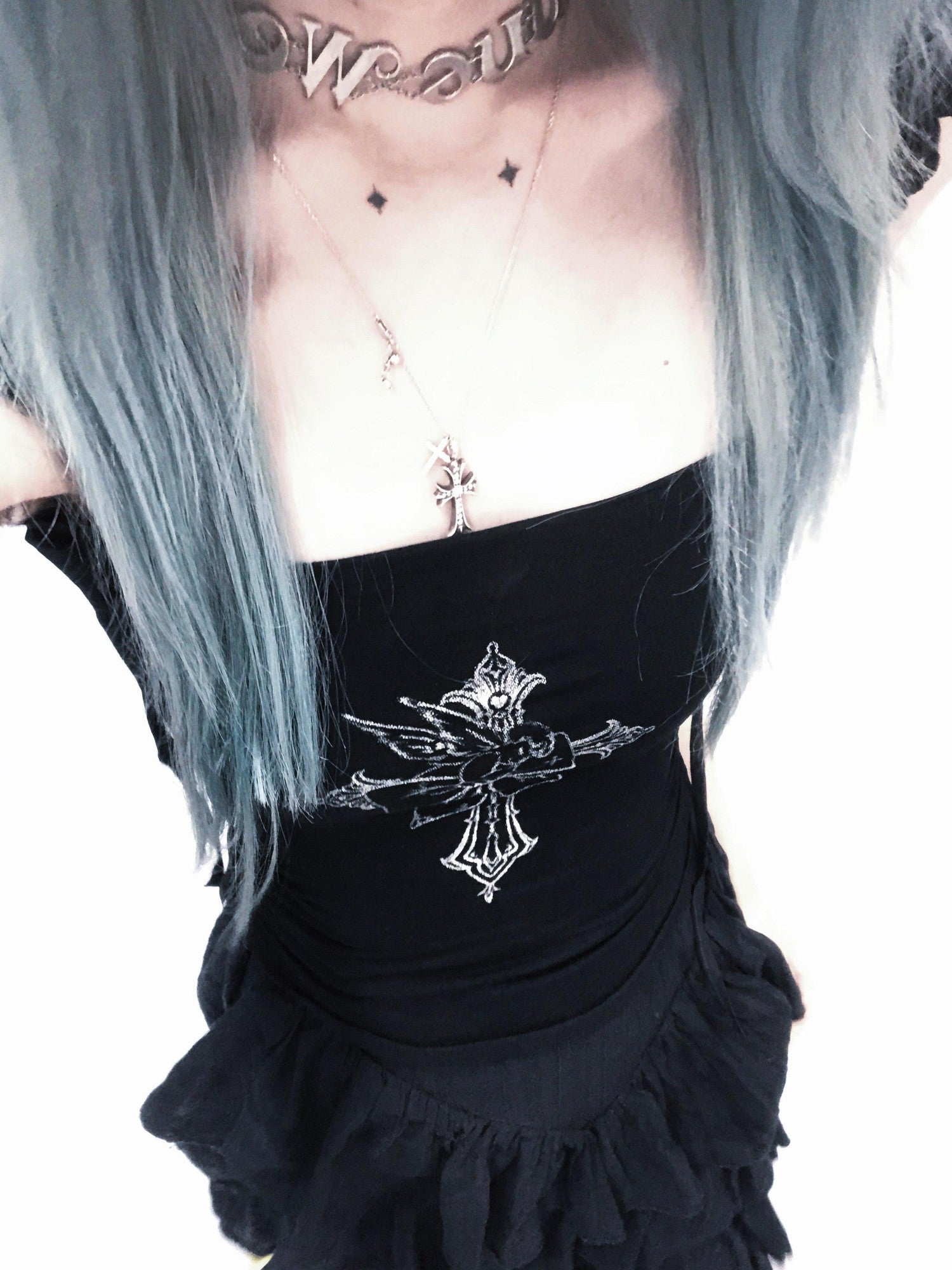 FinderMond FM Winged Cross Angel Print Cap Flutter Sleeve Strap Women&