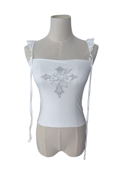FinderMond FM Winged Cross Angel Print Cap Flutter Sleeve Strap Women&