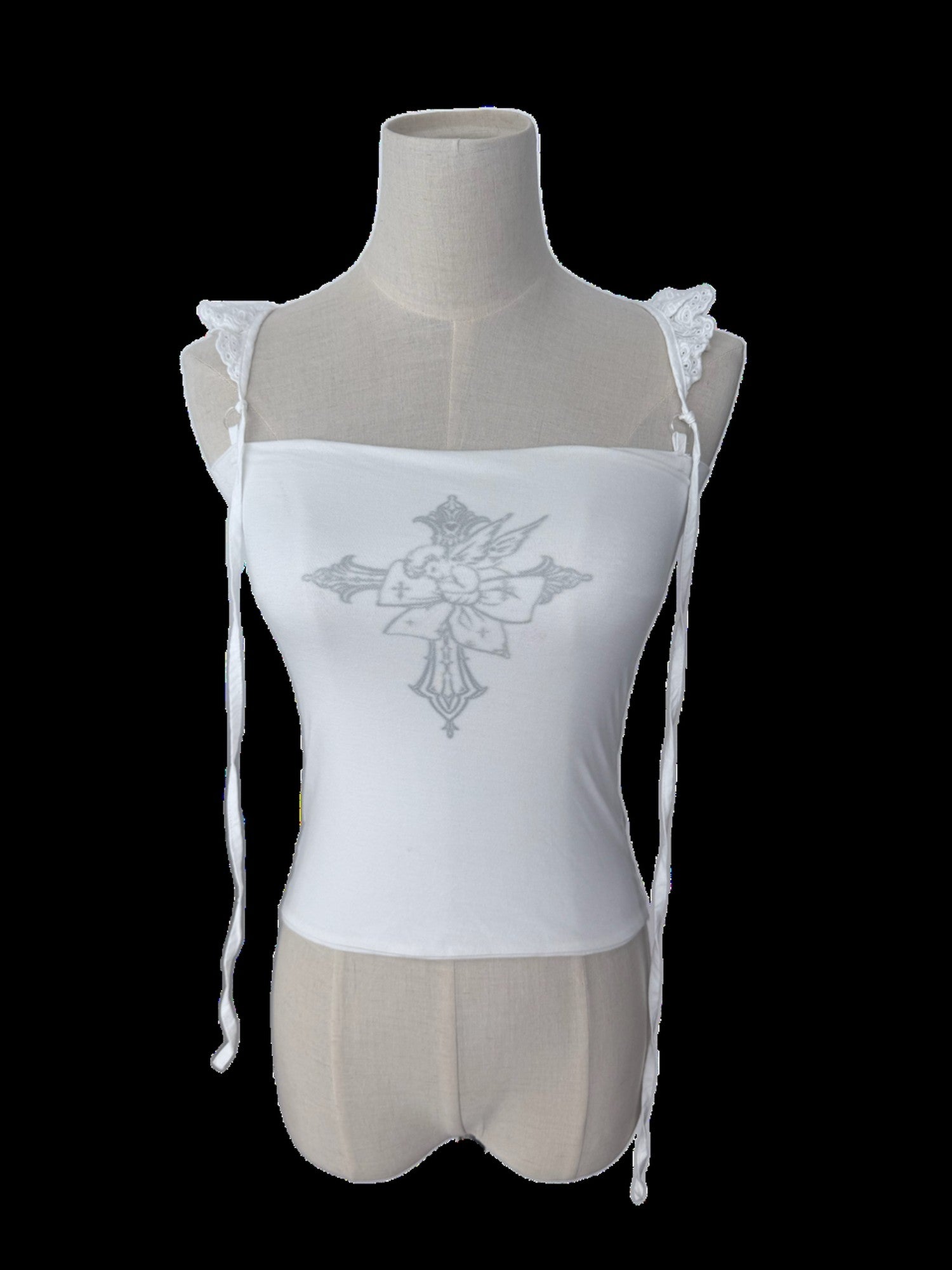 FinderMond FM Winged Cross Angel Print Cap Flutter Sleeve Strap Women&