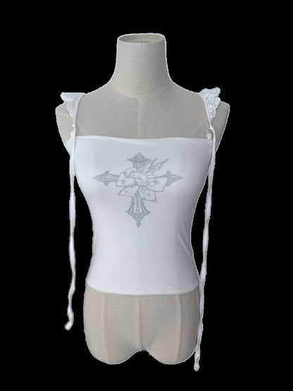 FinderMond FM Winged Cross Angel Print Cap Flutter Sleeve Strap Women&