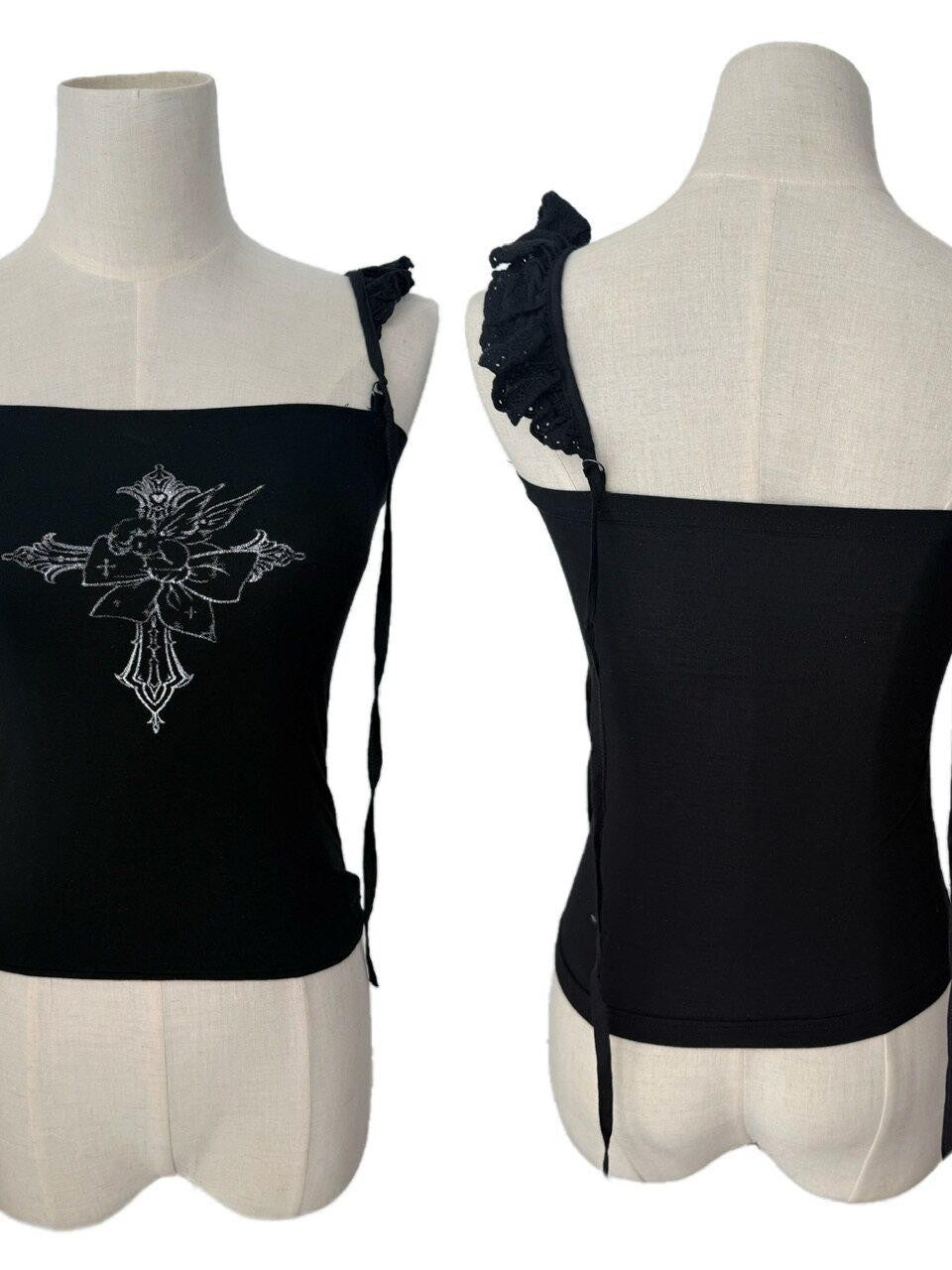 FinderMond FM Winged Cross Angel Print Cap Flutter Sleeve Strap Women&