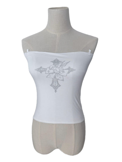 FinderMond FM Winged Cross Angel Print Cap Flutter Sleeve Strap Women&