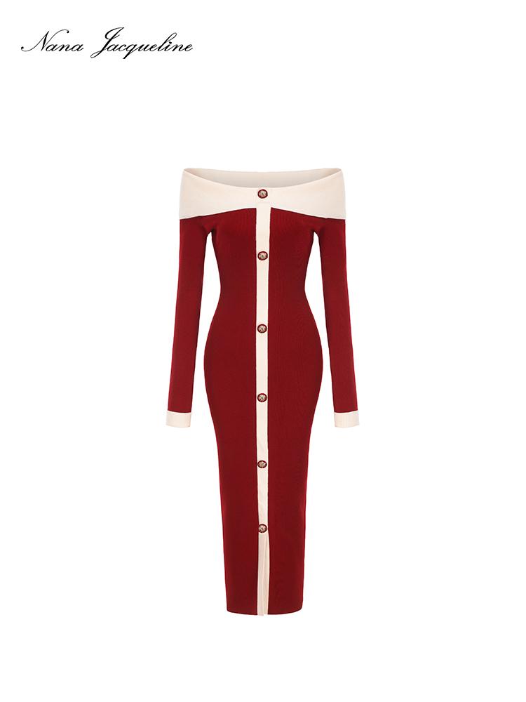 Fitted Off Shoulder Knit Dress for Women Holiday Party Dresses
