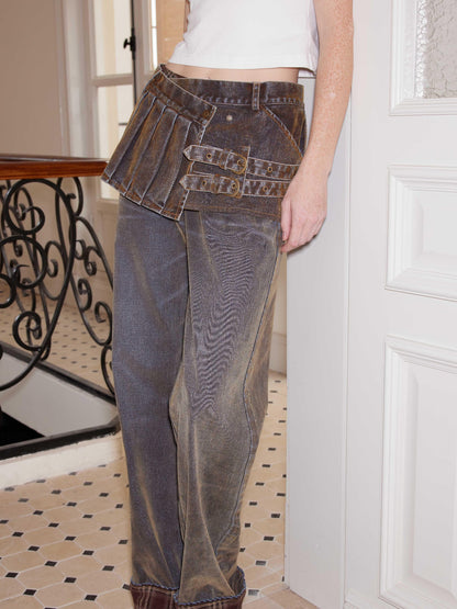 2th Desire Flared Patchwork Leopard Check Lace Flare Jeans With Detachable Skirt