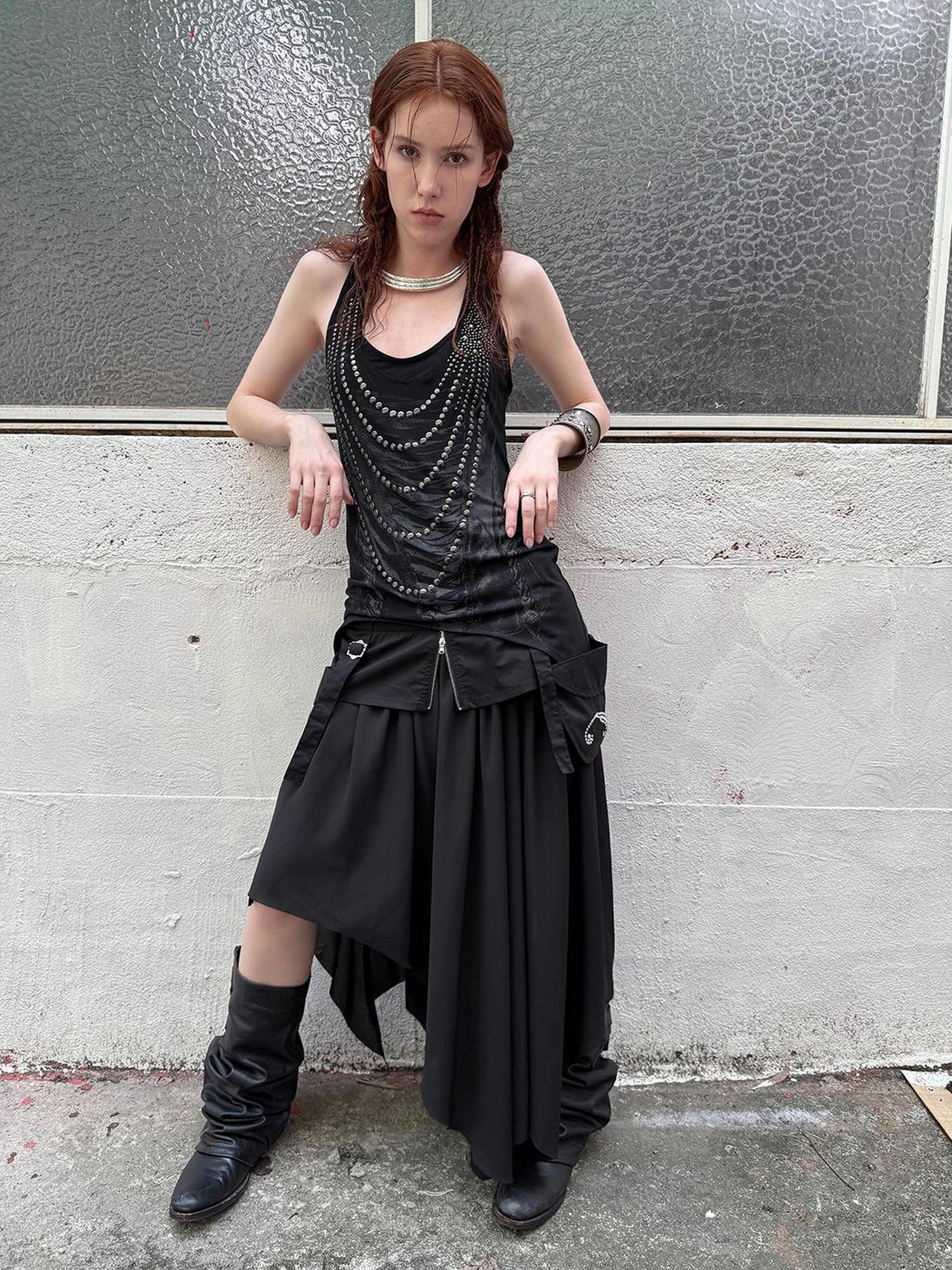 DoublePunch Flared Slit Skirt With Waistband Pockets Rhinestone Design Skirt