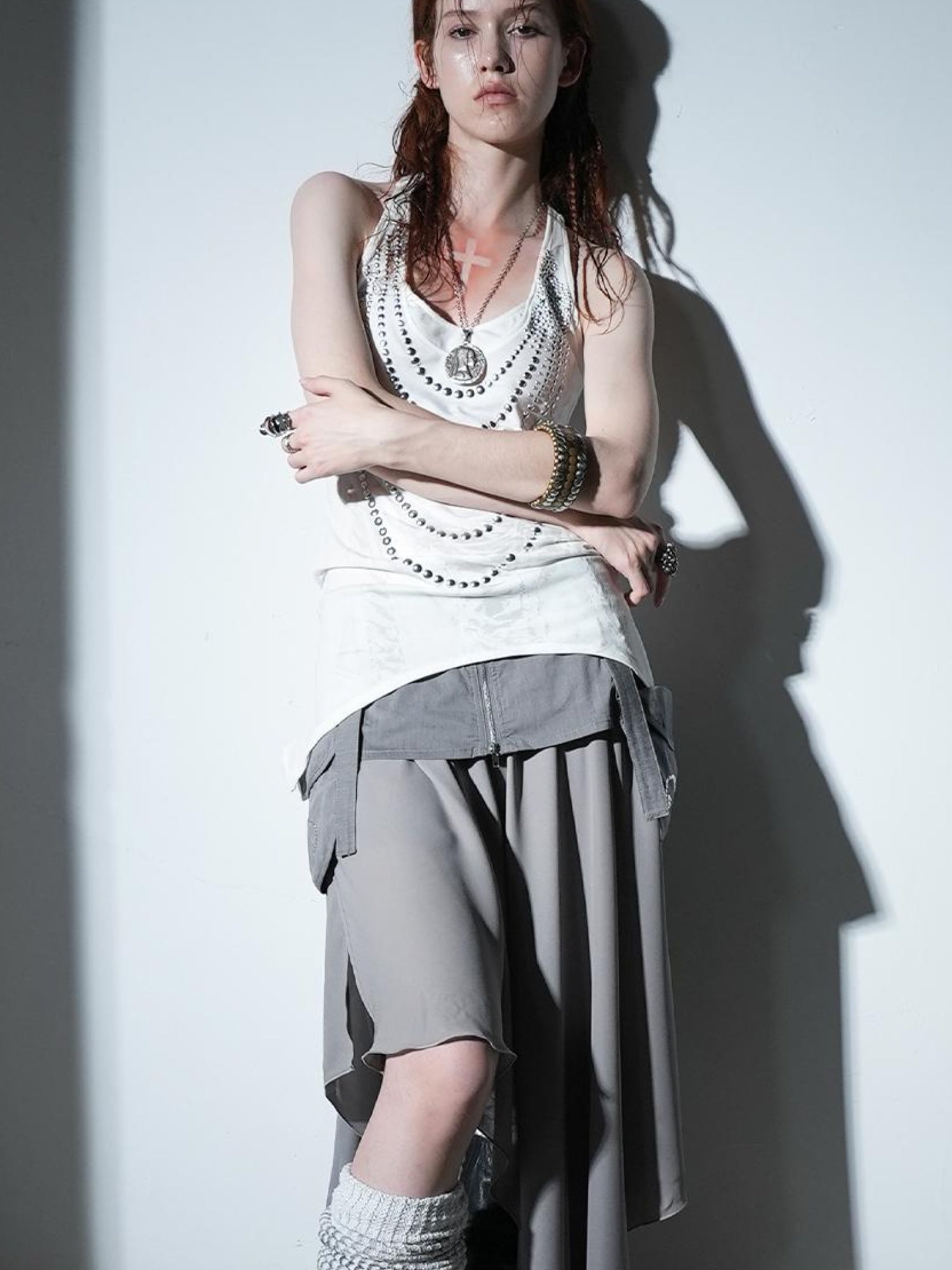 DoublePunch Flared Slit Skirt With Waistband Pockets Rhinestone Design Skirt