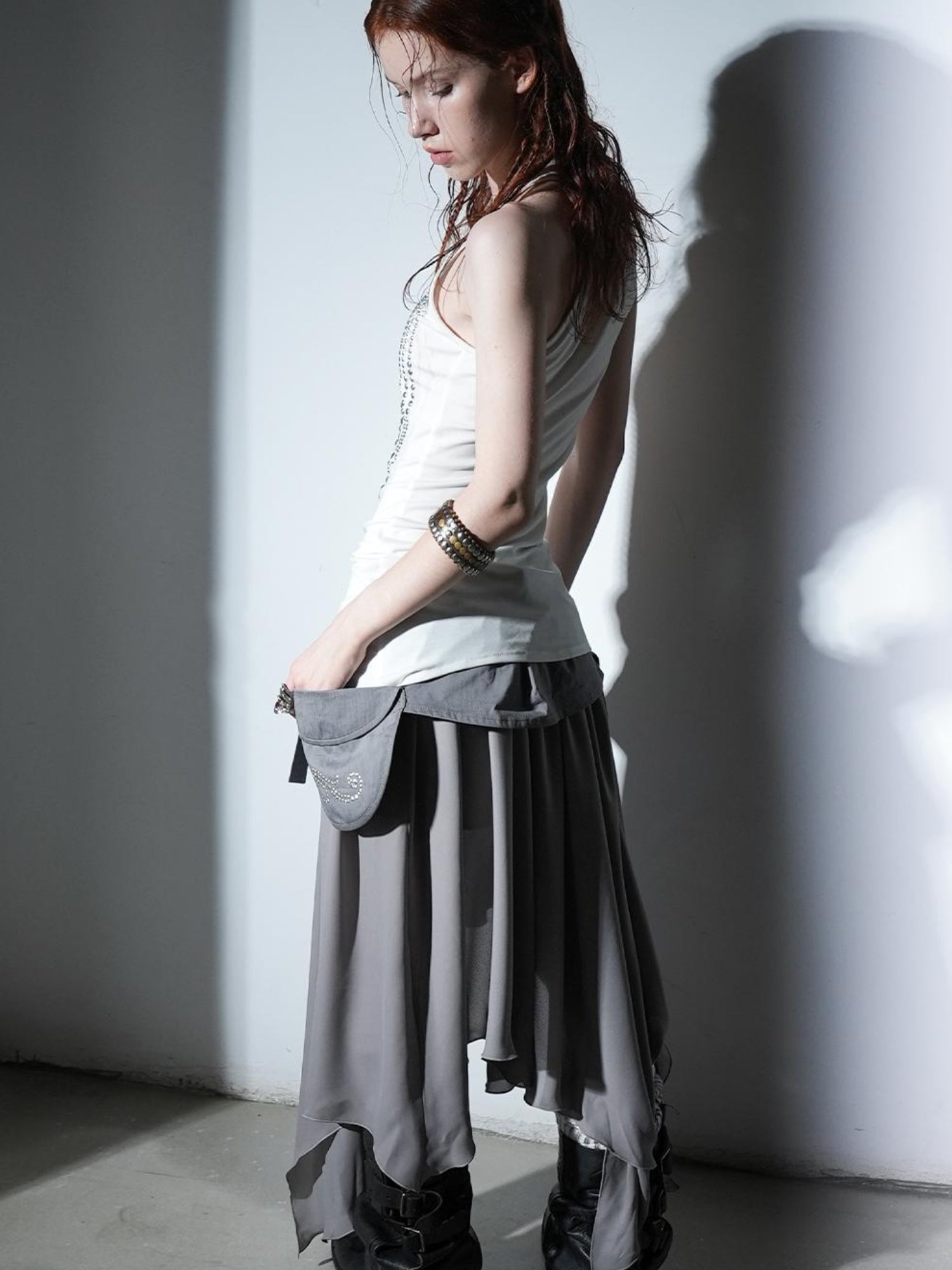DoublePunch Flared Slit Skirt With Waistband Pockets Rhinestone Design Skirt