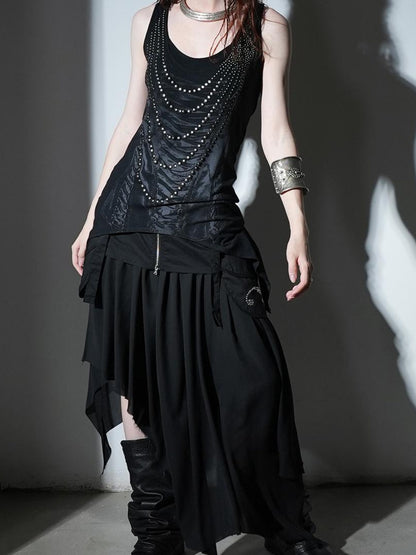 DoublePunch Flared Slit Skirt With Waistband Pockets Rhinestone Design Skirt