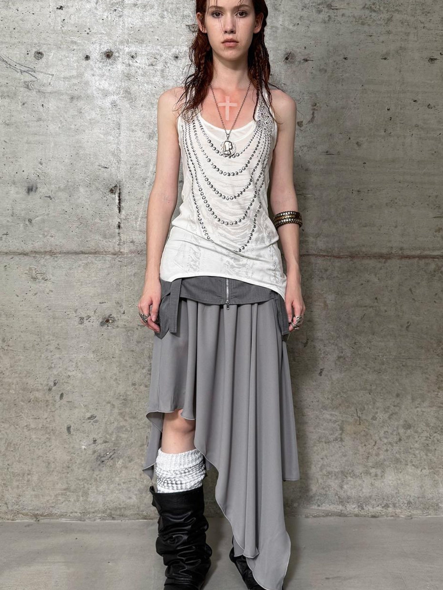 DoublePunch Flared Slit Skirt With Waistband Pockets Rhinestone Design Skirt