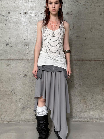 DoublePunch Flared Slit Skirt With Waistband Pockets Rhinestone Design Skirt