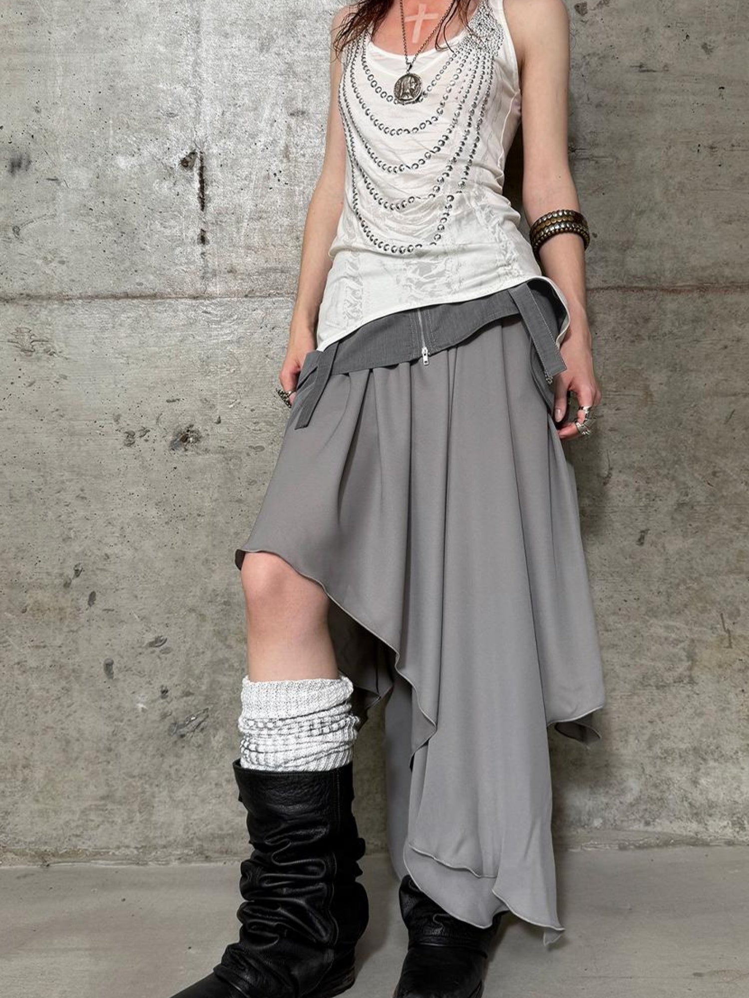 DoublePunch Flared Slit Skirt With Waistband Pockets Rhinestone Design Skirt