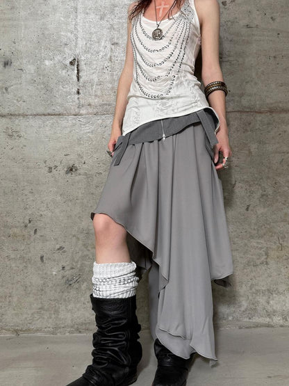 DoublePunch Flared Slit Skirt With Waistband Pockets Rhinestone Design Skirt
