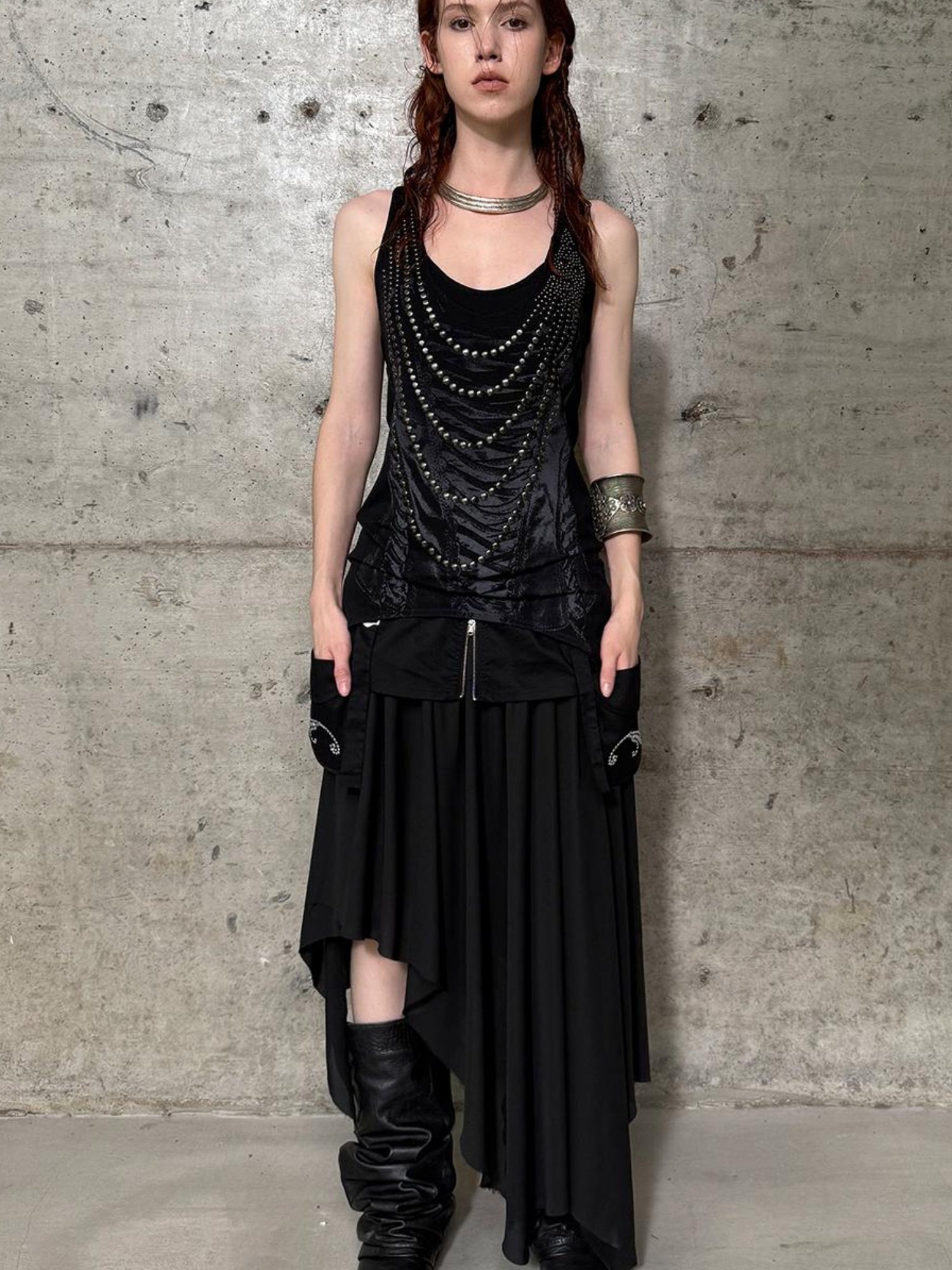 DoublePunch Flared Slit Skirt With Waistband Pockets Rhinestone Design Skirt