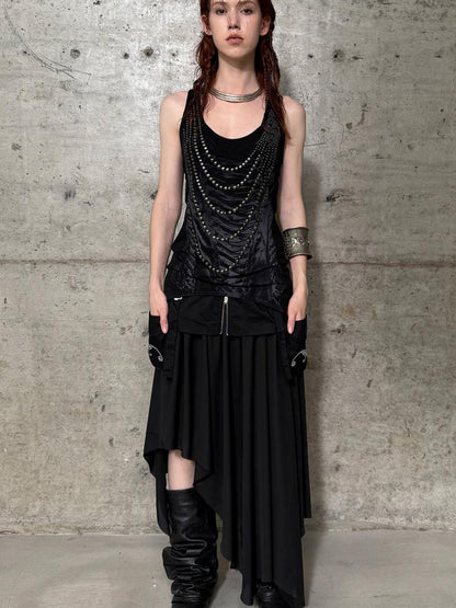 DoublePunch Flared Slit Skirt With Waistband Pockets Rhinestone Design Skirt