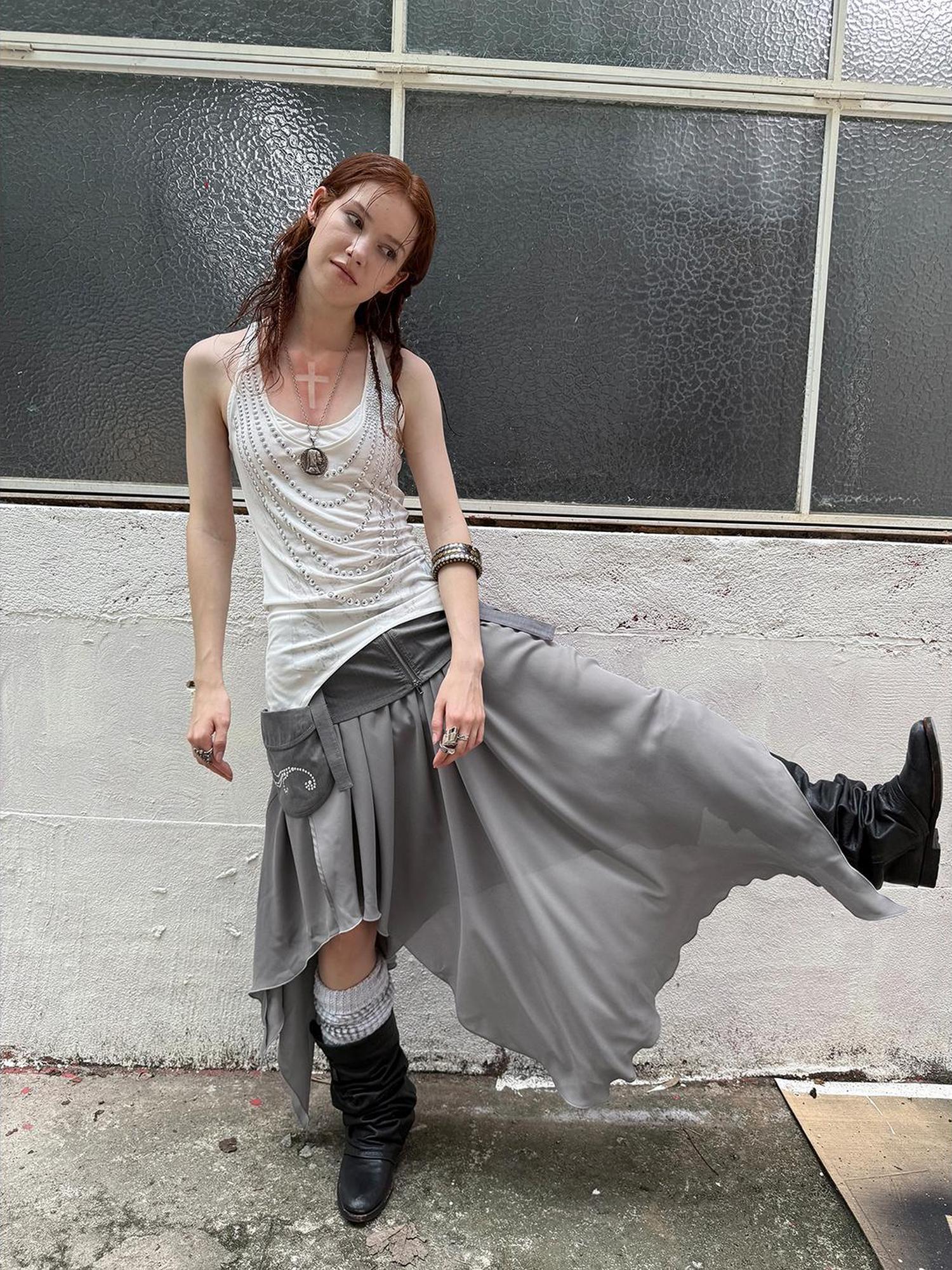DoublePunch Flared Slit Skirt With Waistband Pockets Rhinestone Design Skirt