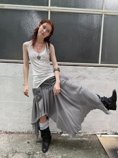 DoublePunch Flared Slit Skirt With Waistband Pockets Rhinestone Design Skirt