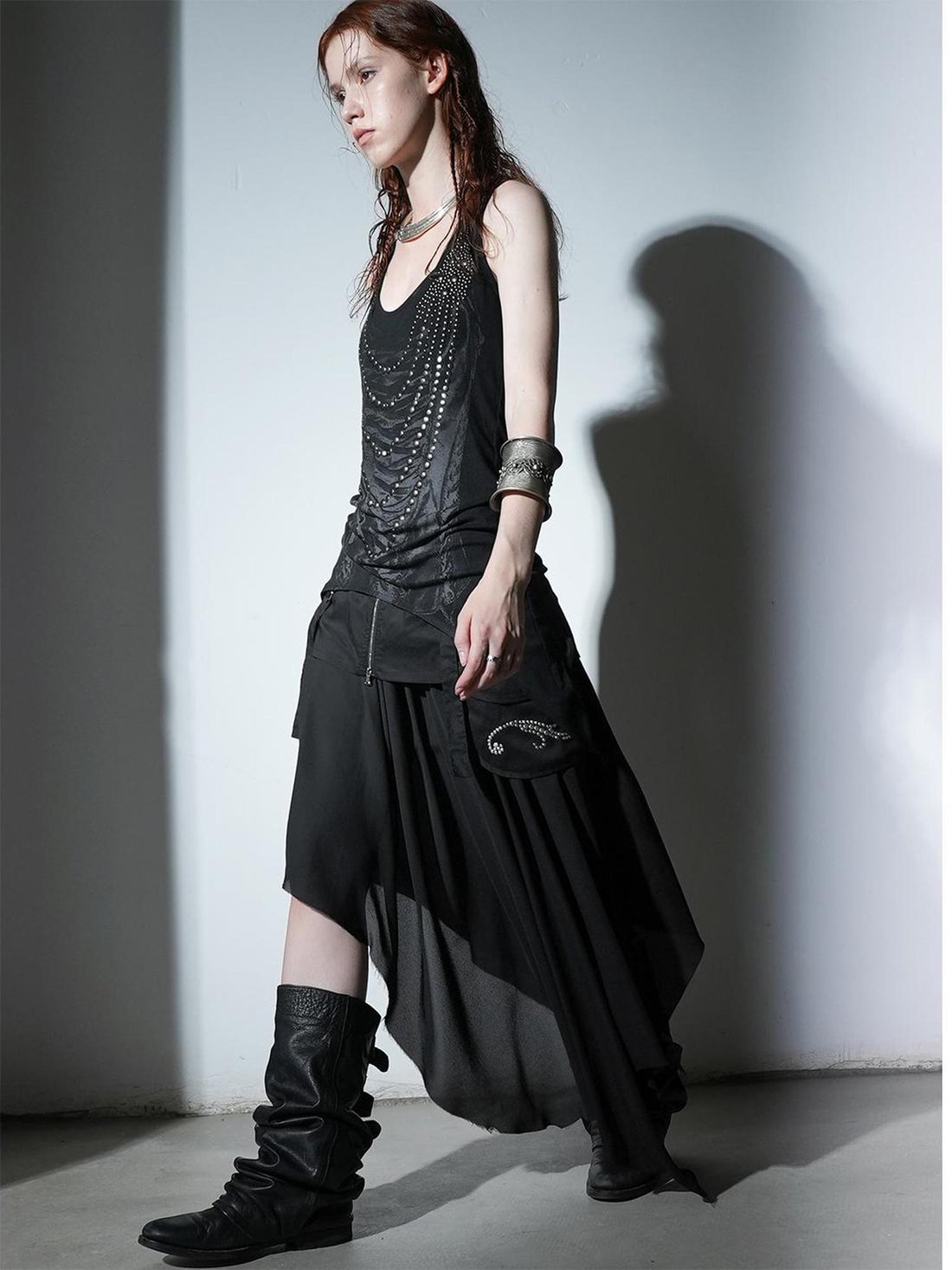 DoublePunch Flared Slit Skirt With Waistband Pockets Rhinestone Design Skirt