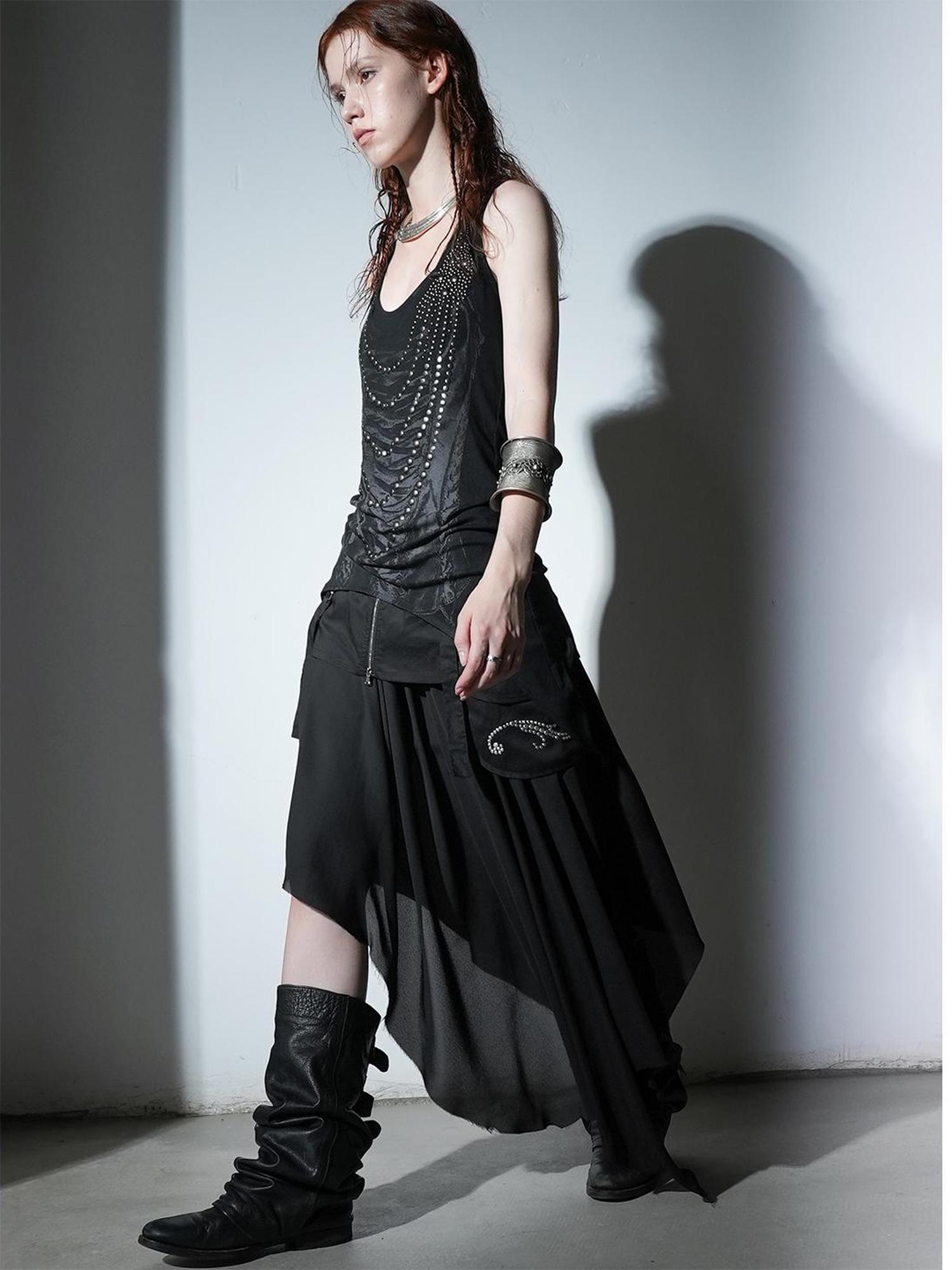 DoublePunch Flared Slit Skirt With Waistband Pockets Rhinestone Design Skirt