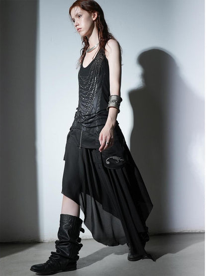 DoublePunch Flared Slit Skirt With Waistband Pockets Rhinestone Design Skirt