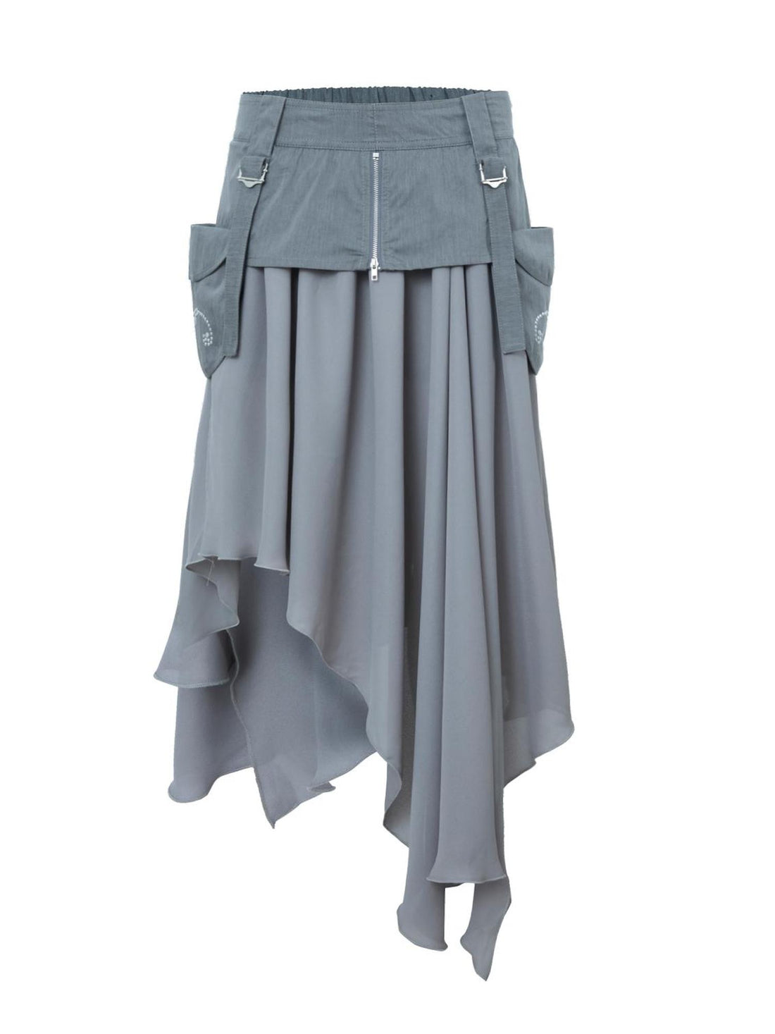 DoublePunch Flared Slit Skirt With Waistband Pockets Rhinestone Design Skirt