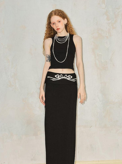 DIDDI MODA Flip Waist Bow Jacquard Knit Skirt