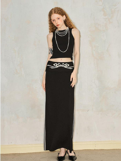 DIDDI MODA Flip Waist Bow Jacquard Knit Skirt