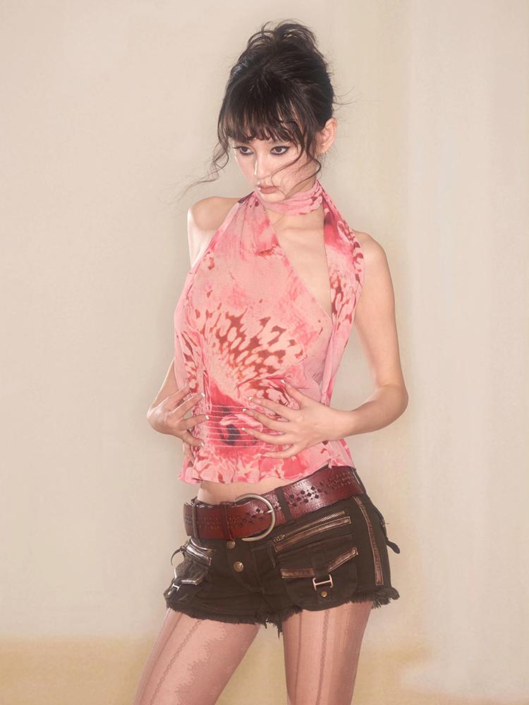 Flowers birds Market Floral Abstract Print Halter Top