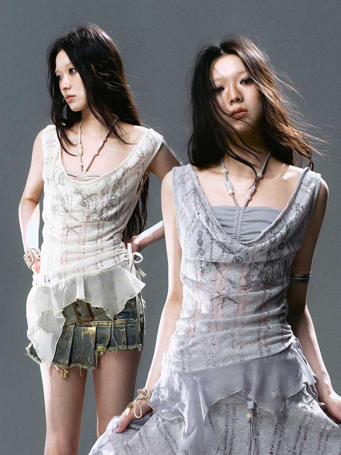 Cest Nous Floral Beaded Striped Chiffon Cutout Swing Neck Sleeveless Blouse