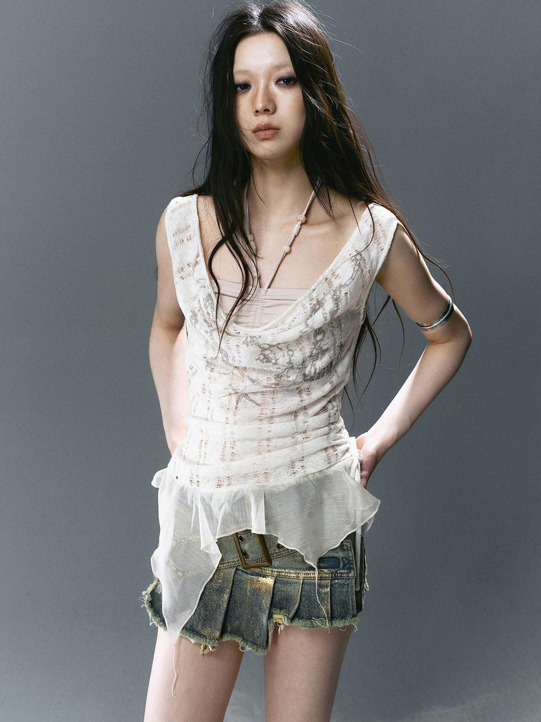 Cest Nous Floral Beaded Striped Chiffon Cutout Swing Neck Sleeveless Blouse