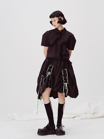 DIDDI MODA Floral Contrast Hem Asymmetrical Ruffle Midi Skirt