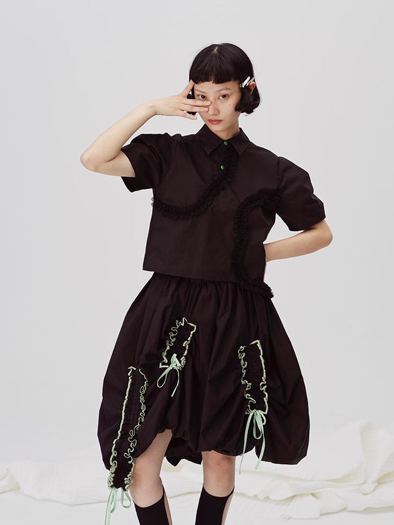 DIDDI MODA Floral Contrast Hem Asymmetrical Ruffle Midi Skirt