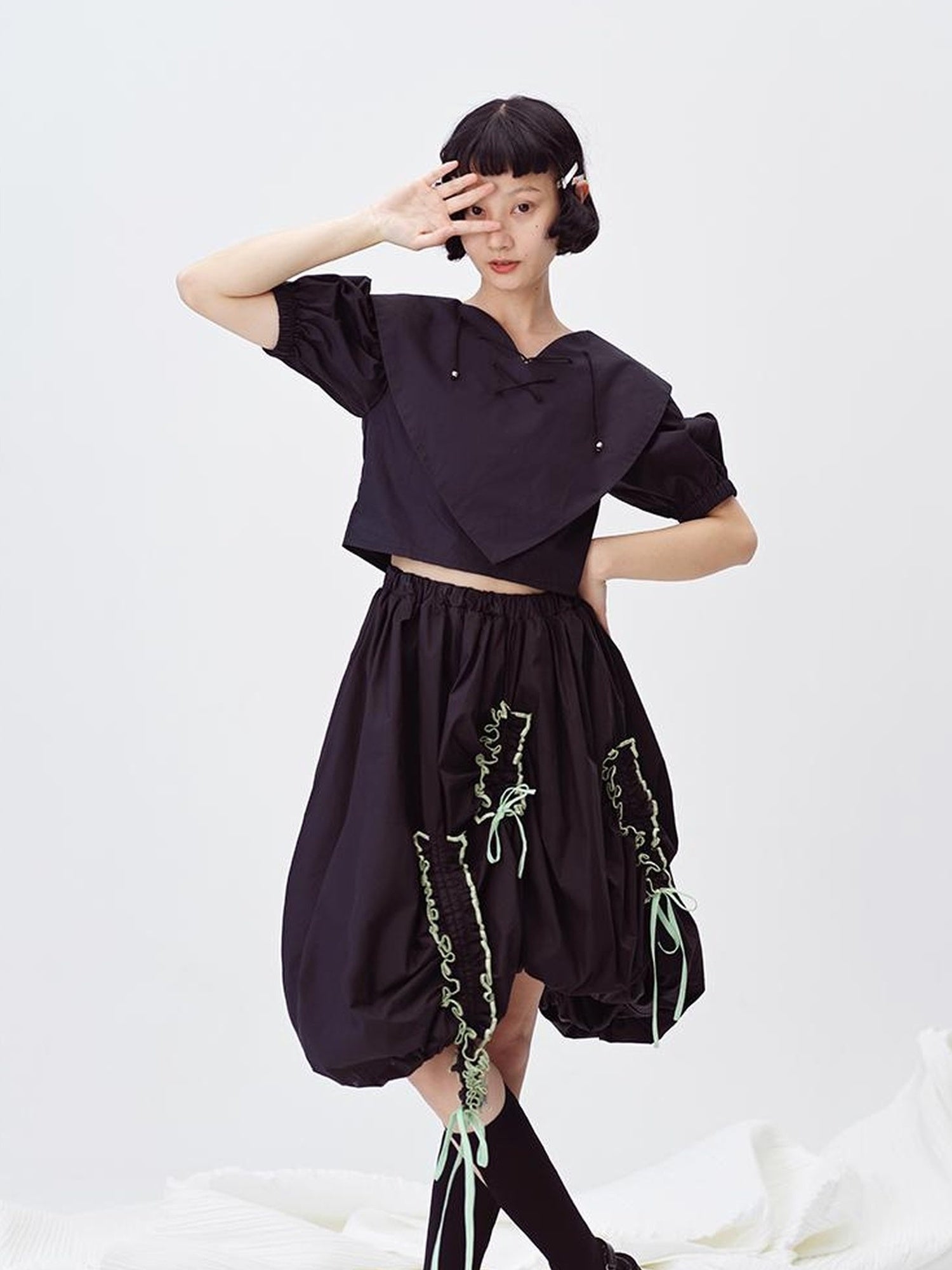 DIDDI MODA Floral Contrast Hem Asymmetrical Ruffle Midi Skirt
